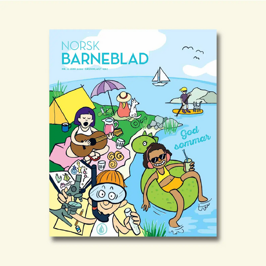 Framside av Norsk Barneblad nr. 6/2020 «God sommar», illustrasjon av barn som campar, symjer og padlar ved sjøen.