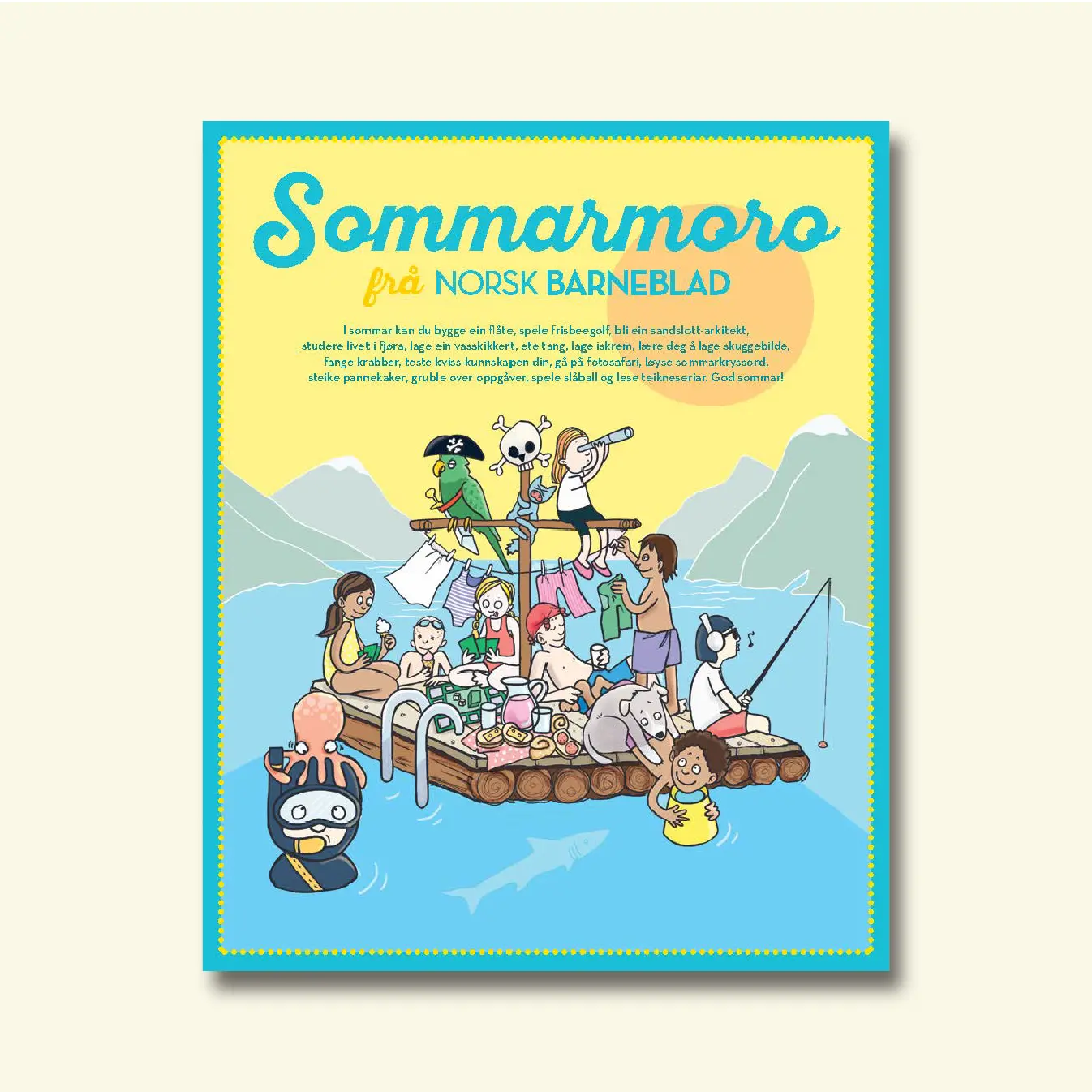 Framside av Sommarmoro frå Norsk Barneblad, illustrasjon av born på ein flåte på fjorden med papegøye, blekksprut og fiskestong.