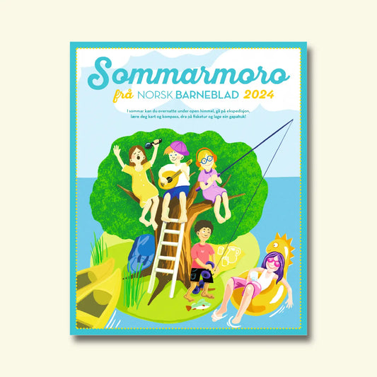 Framside av Sommarmoro frå Norsk Barneblad 2024, illustrasjon av born i eit tre med gitar og fiskestong, kano og badering på ei øy.