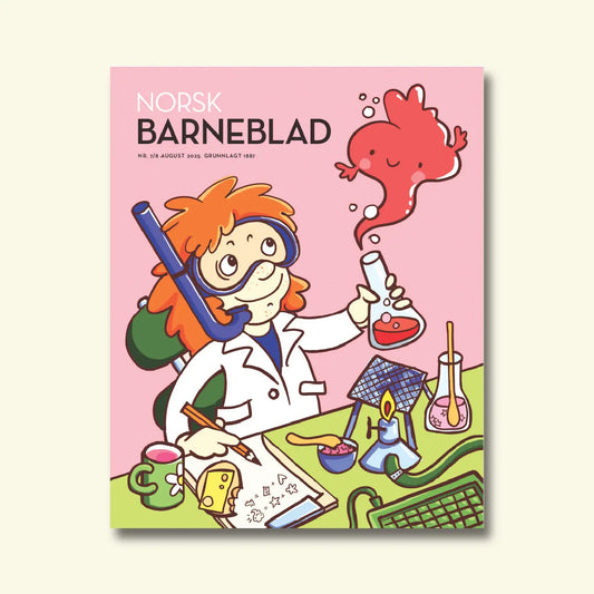 Norsk Barneblad, nr. 7/8 august 2025, framside om vitskap og forsking med ein raudhåra forskar i kvit frakk som held eit reagensrør, ein raud oktopus-forma sky og eit spritbrennarforsøk på bordet