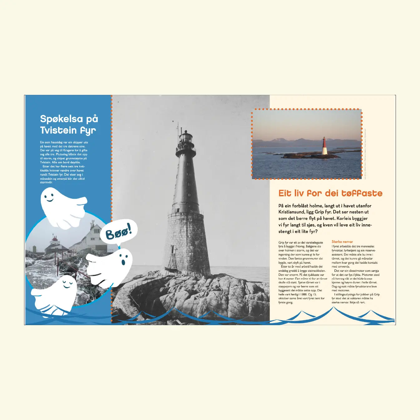 Oppslag frå Norsk Barneblad om fyr, med historia «Spøkelsa på Tvistein fyr» og artikkelen «Eit liv for dei tøffaste» om Grip fyr, illustrert med eit gammalt svart-kvitt-foto av fyret og eit fargefoto teke i skumring