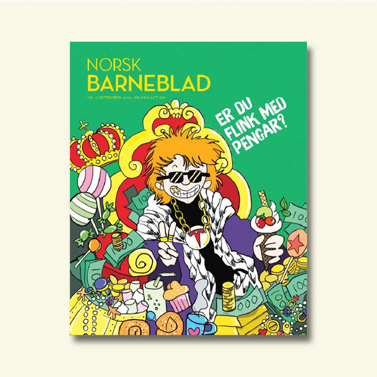 Framside av Norsk Barneblad nr. 9/2020 «Er du flink med pengar?», illustrasjon av ein figur omgitt av sedlar, mynt og godteri.
