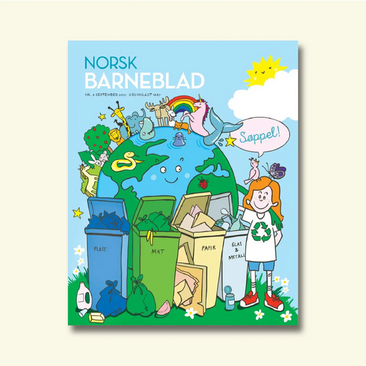Framside av Norsk Barneblad nr. 9/2021 «Søppel», illustrasjon av jorda med dyr og ei jente ved sida av søppelkasser merka plast, mat, papir og glas/metall.