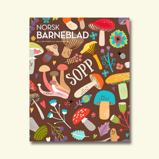 Framside av Norsk Barneblad nr. 9/2023 «Sopp», mønster av fargerike sopp, blomster og skalbaggar mot brun bakgrunn.