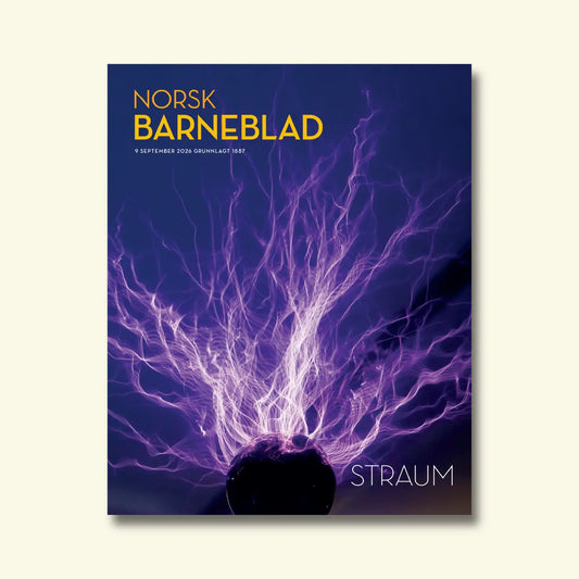 Norsk Barneblad, nr. 9 september 2026, framside om straum med elektriske lynstrålar som stig opp frå ei mørk kule mot ein fiolett bakgrunn